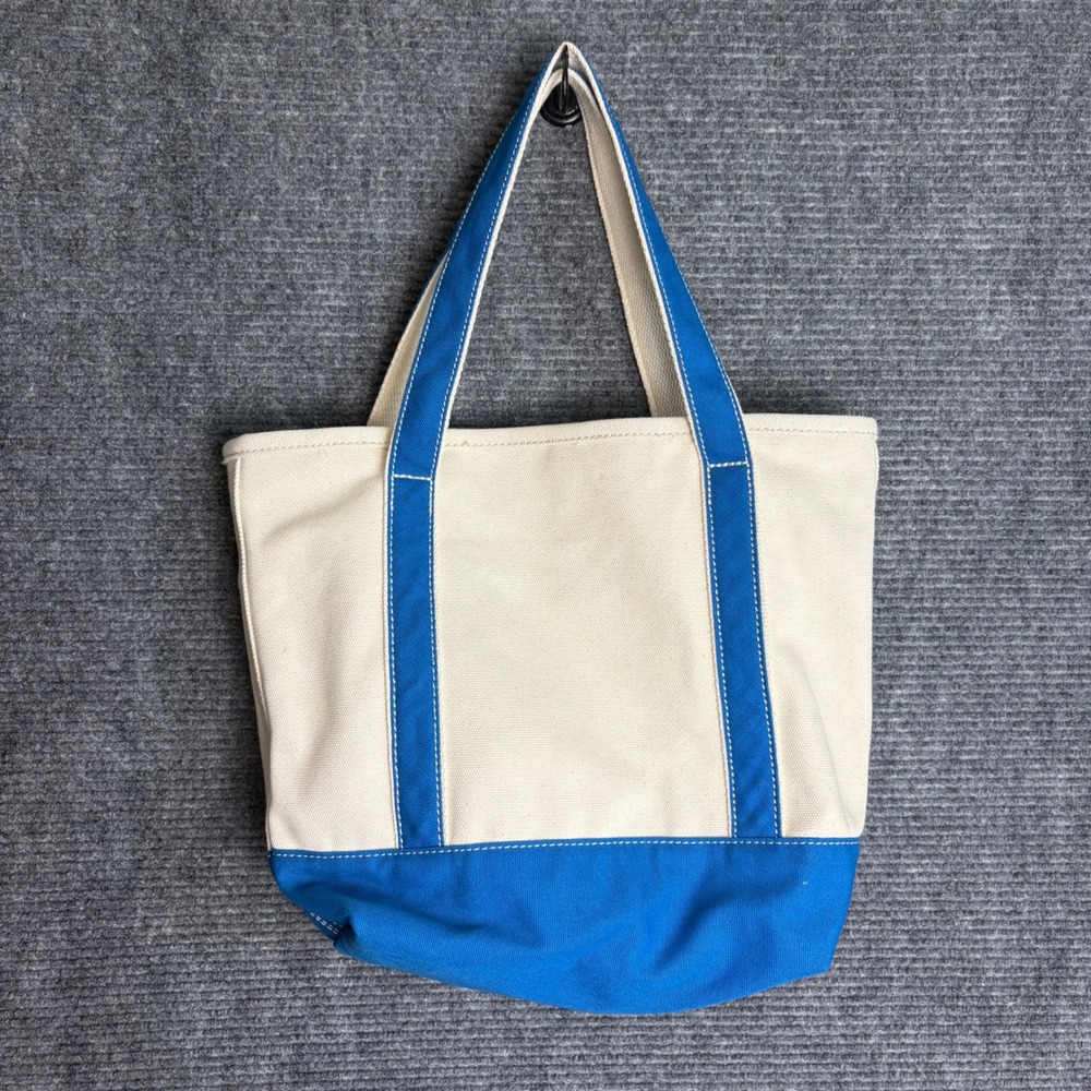 Lands End Canvas Tote Bag Blue Cream Open Top Medium Beach Bag Handbag - Picture 3 of 5